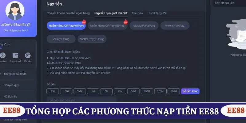 Tổng hợp các phương thức nạp tiền tại EE88 phổ biến